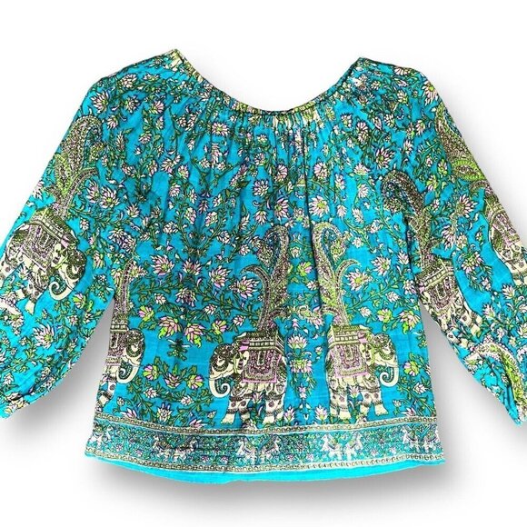 PEEK Girls Peasant Top Sz Large 8 Teal Blue Pink Boho Paisley Floral Elephant - Picture 2 of 7